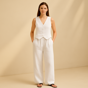 Set Leinen Ärmelloses Top und Weite Hose mit Hoher Taille Sommer Eleganz