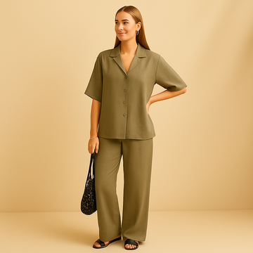 Set Baumwoll Zweiteiler mit Kurzarm Bluse und Hose Lässiger Chic