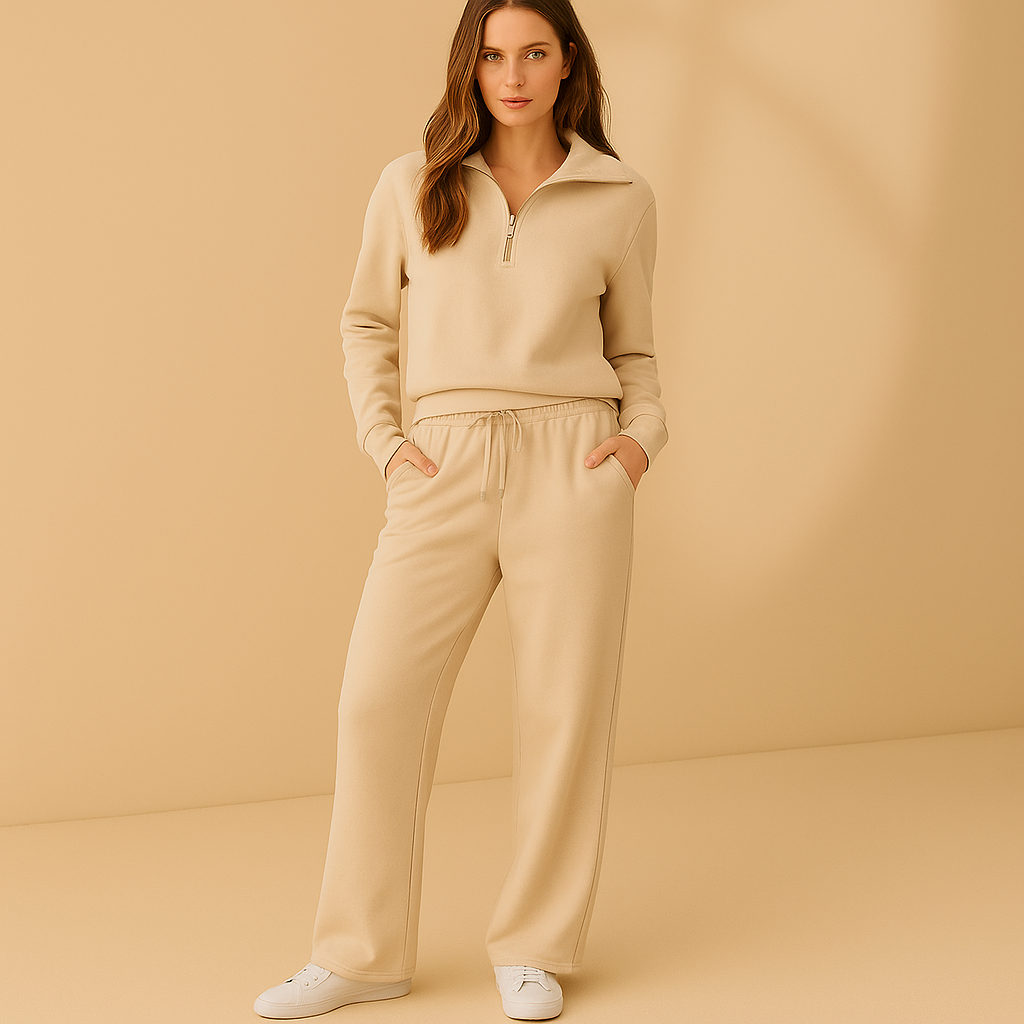 Set Sweatshirt mit Reißverschluss und Weitbeiniger Hose Cozy Chic