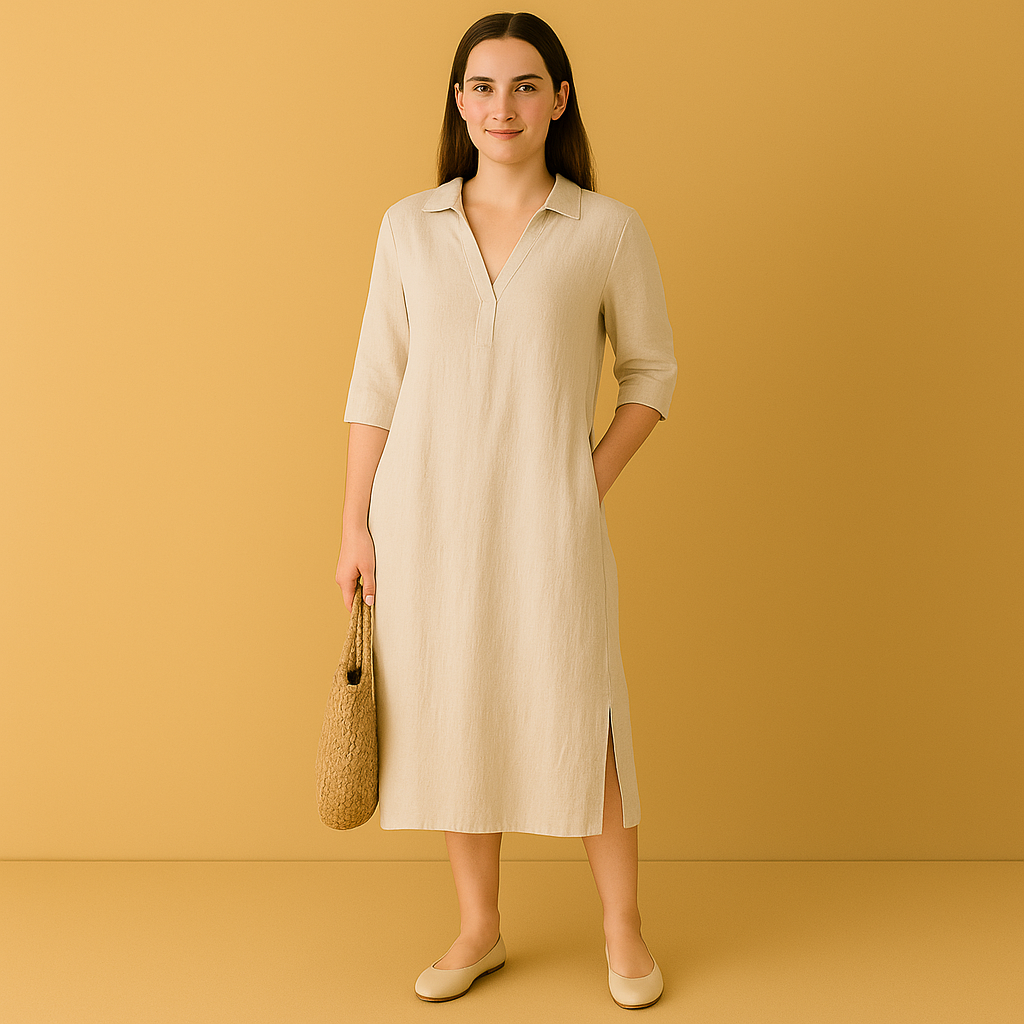 Sommerkleid aus Baumwolle und Leinen mit Schlitz und Taschen