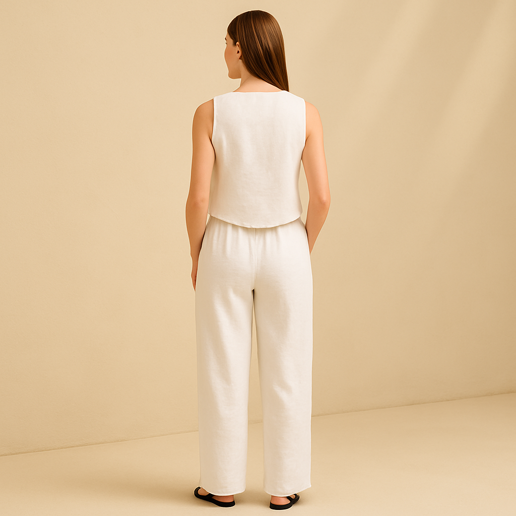 Set Leinen Ärmelloses Top und Weite Hose mit Hoher Taille Sommer Eleganz